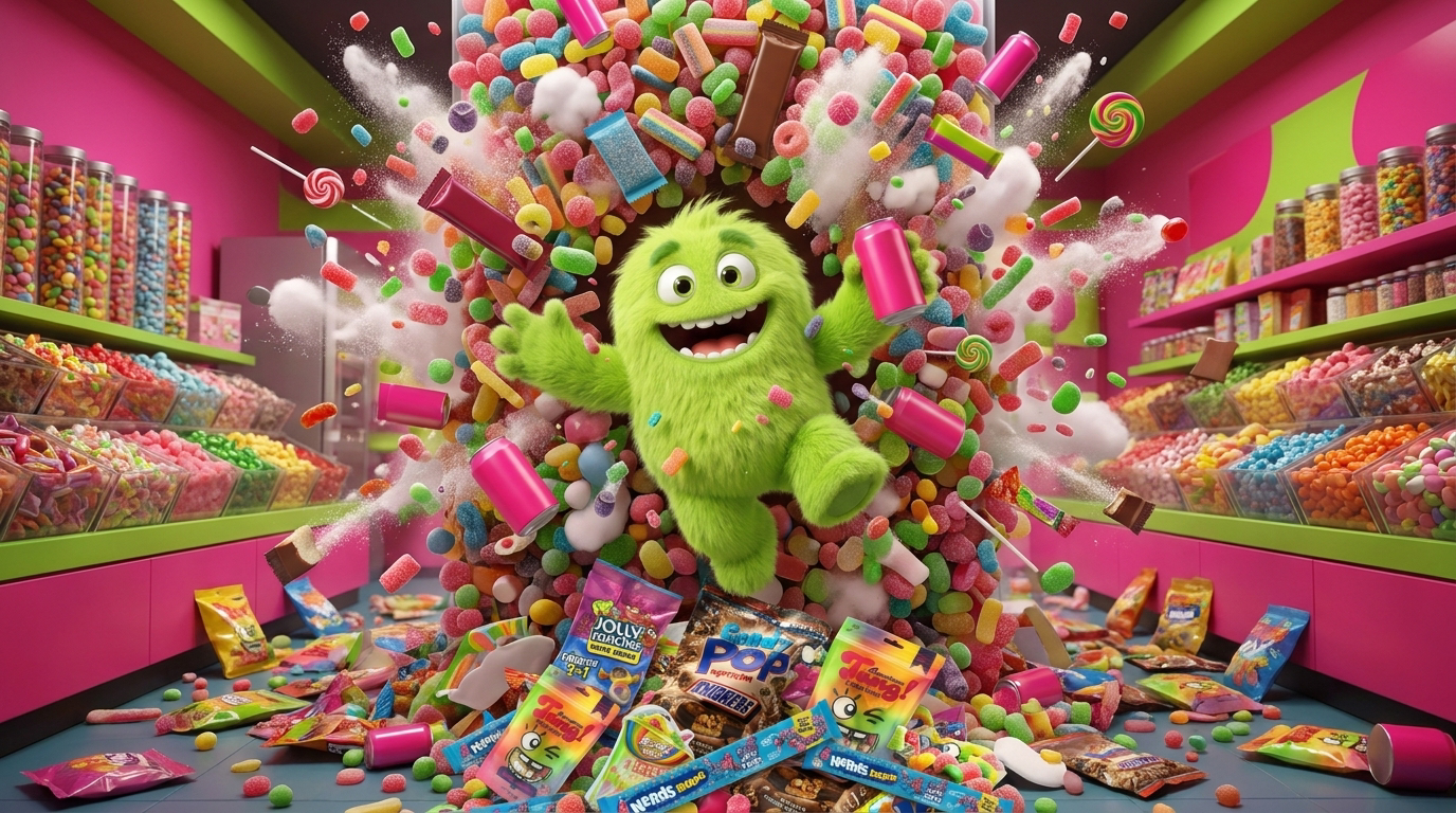 Lime sugar monster bursting through Quirky Candy with a pink soda